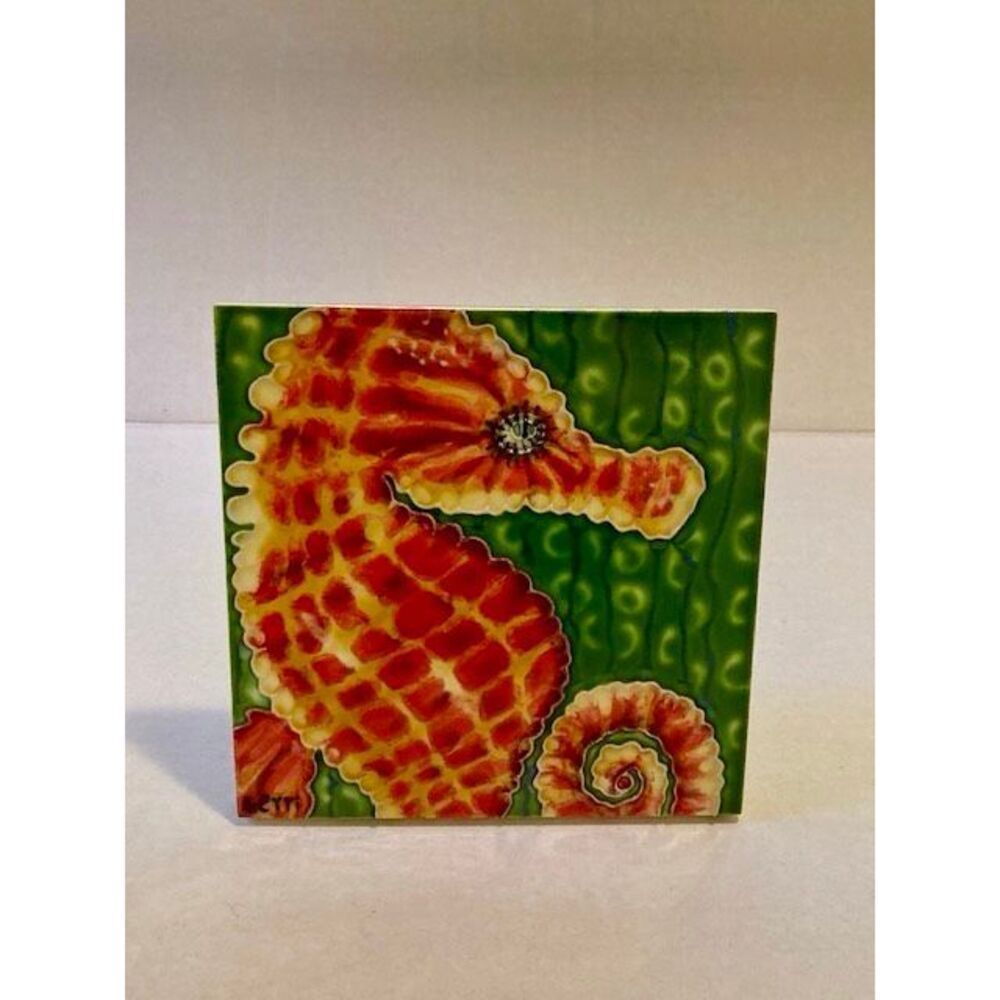 Seahorse Hand Painted 3D Ceramic Tile Fiberboard Back, Wood Stand, Artist Signed